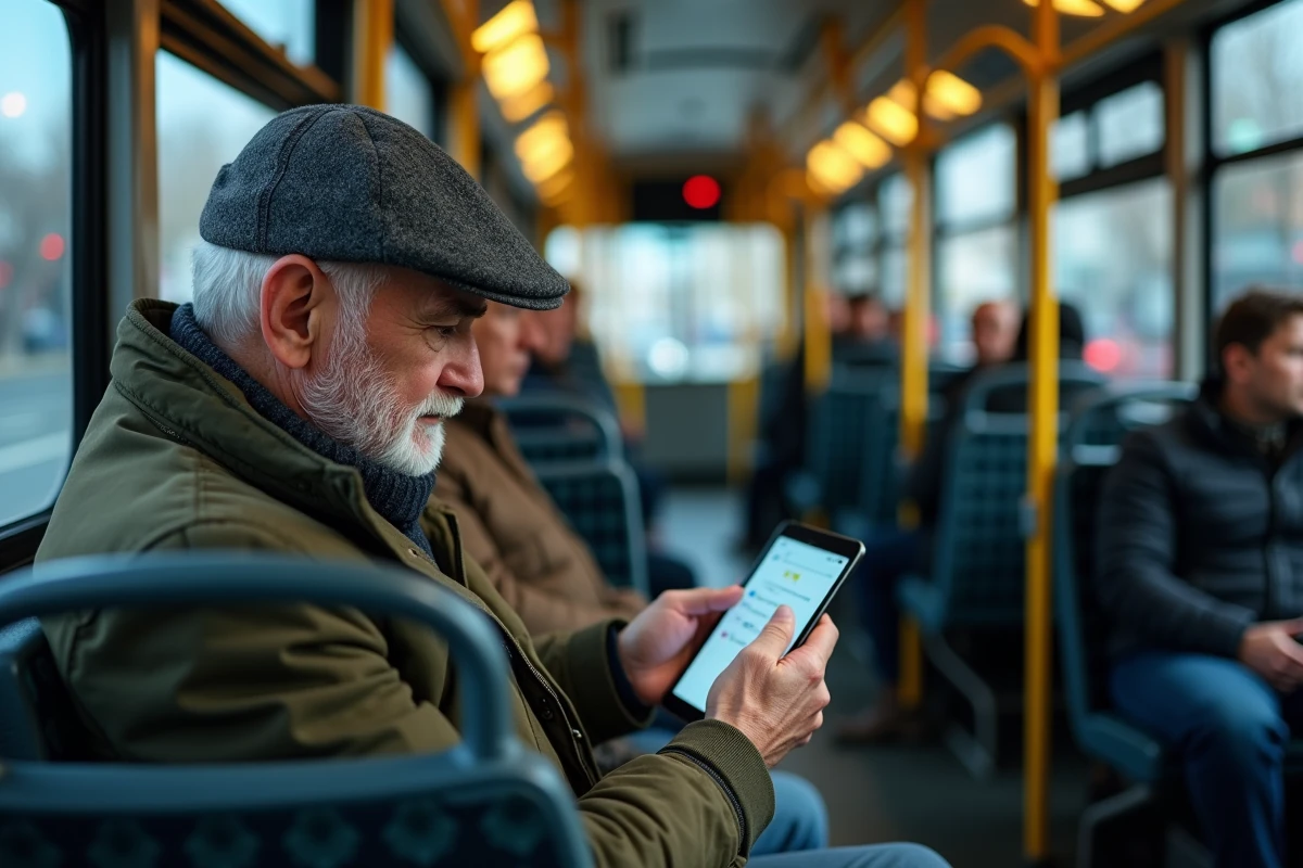 Homme âgé utilisant une tablette dans un bus moderne