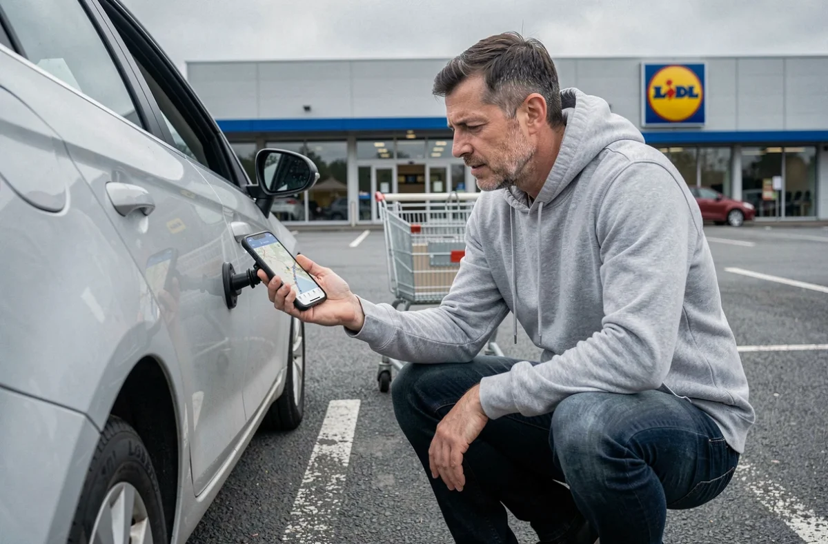 Homme consultant le GPS sur son téléphone dans le parking d'un magasin Lidl