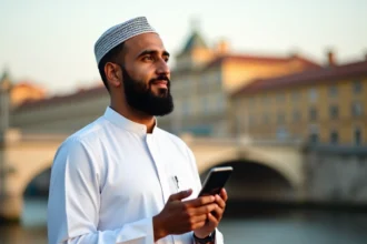 Homme consultant les horaires de prière sur son téléphone au bord de la Garonne à Bordeaux