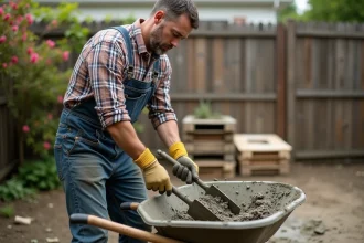 Homme en salopette mélangeant du béton dans un jardin