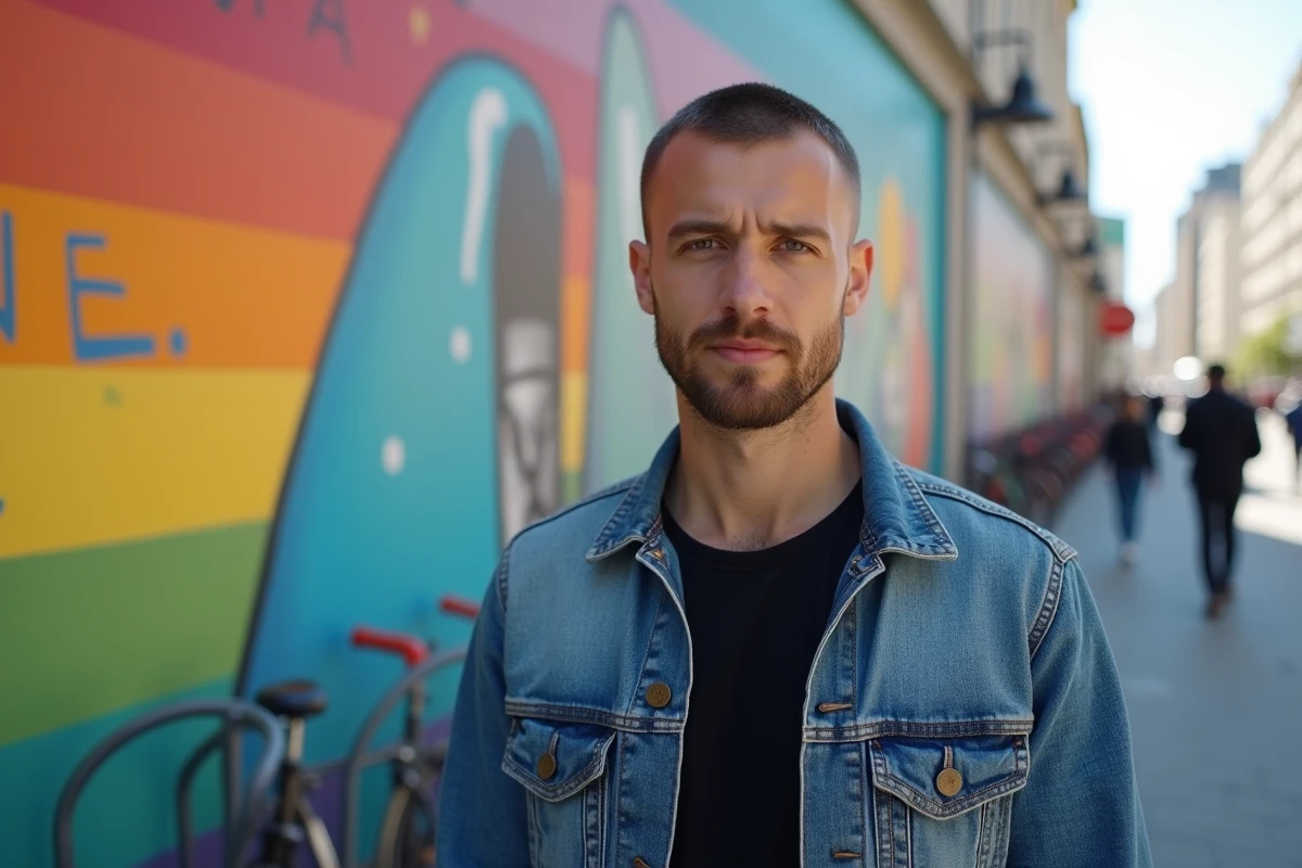 Homme devant un mur coloré avec graffiti arc-en-ciel