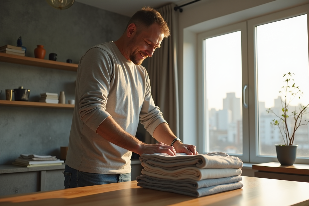 Homme pliant des vêtements dans un appartement moderne lumineux
