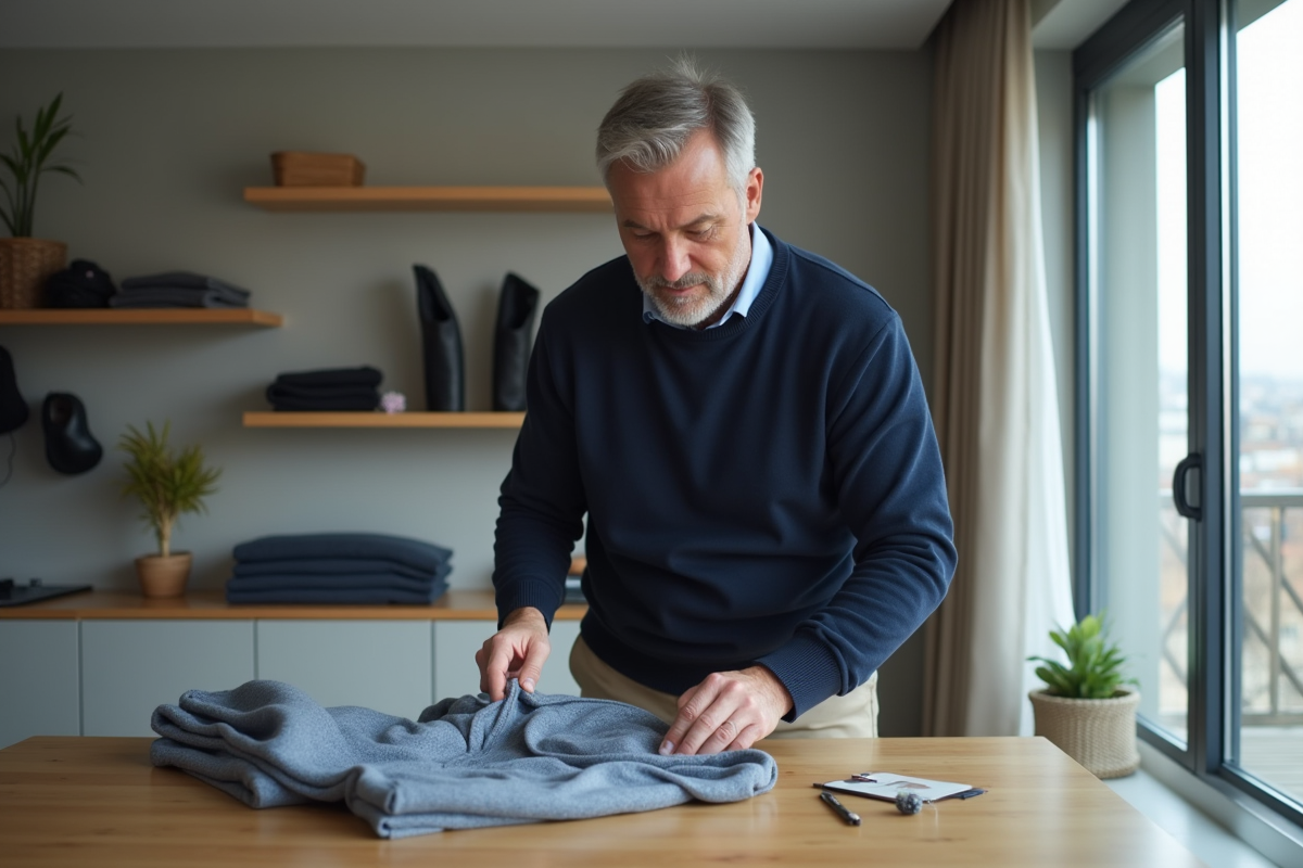 Homme pliant un vêtement dans un salon lumineux et moderne