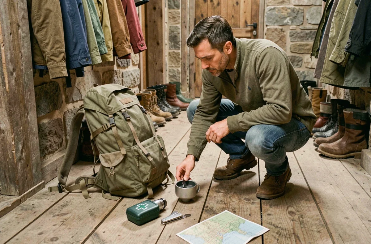 Homme préparant méthodiquement son sac à dos avec les équipements indispensables avant une sortie