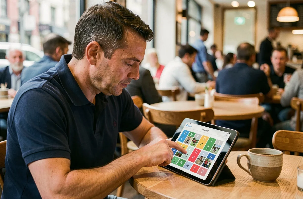 Homme résolvant un puzzle 4 Images 1 Mot en 9 lettres sur une tablette dans un café