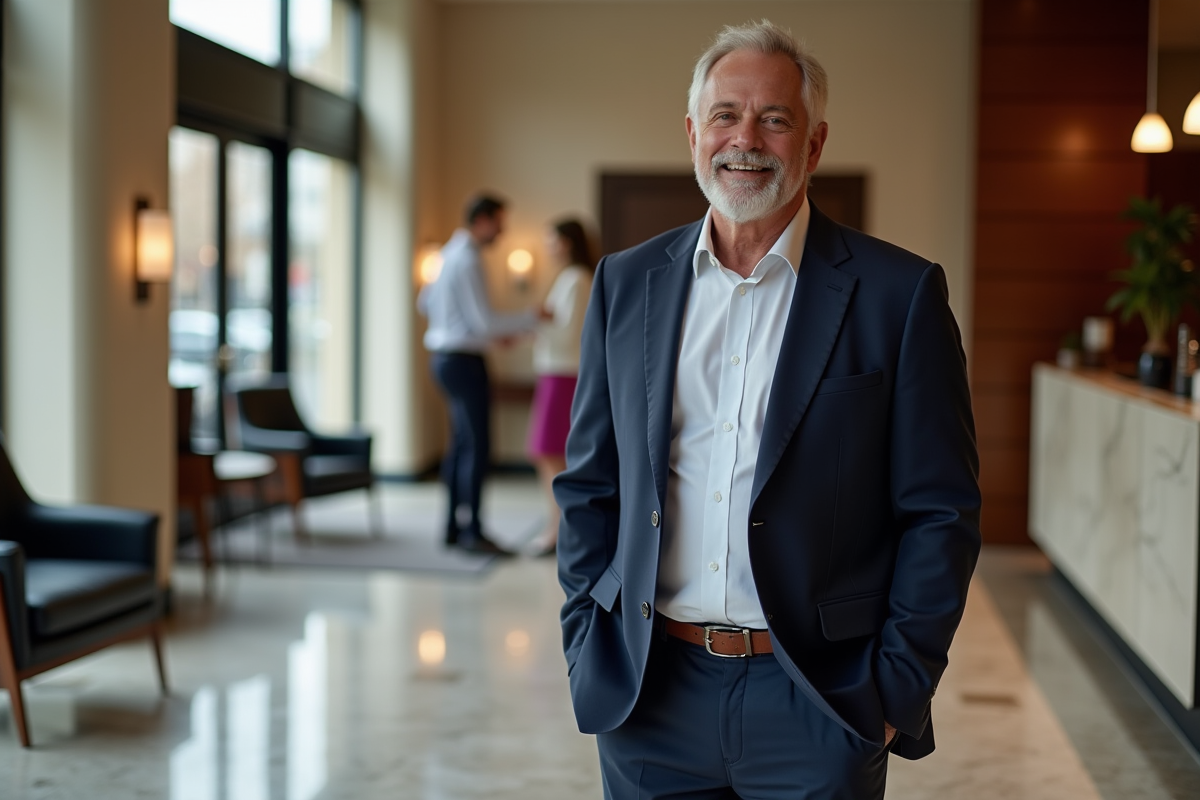 Homme en costume parlant avec la reception d’un hotel à Bordeaux
