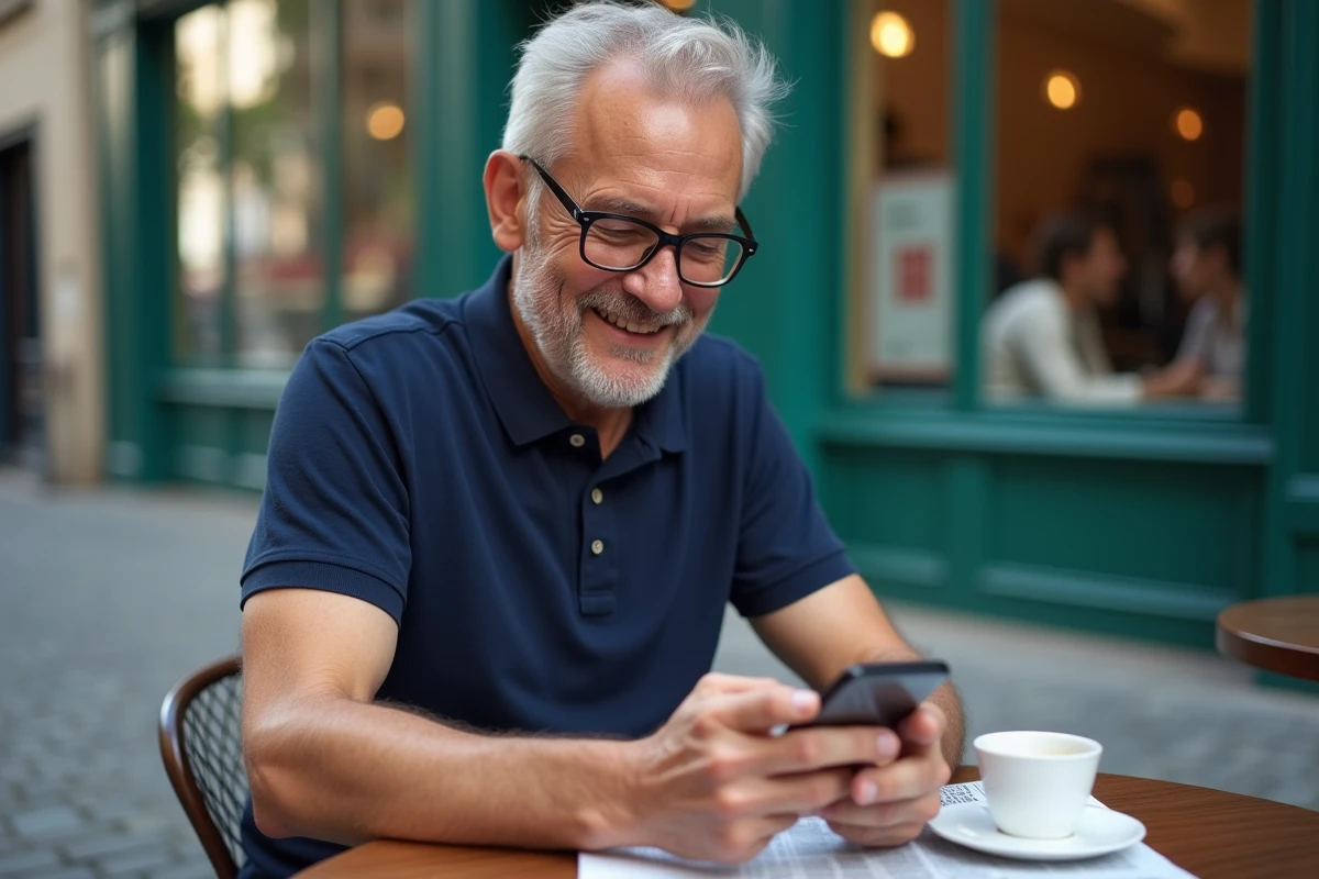 Homme souriant consultant l'aide quotidienne CodyCross sur son smartphone dans un café en terrasse