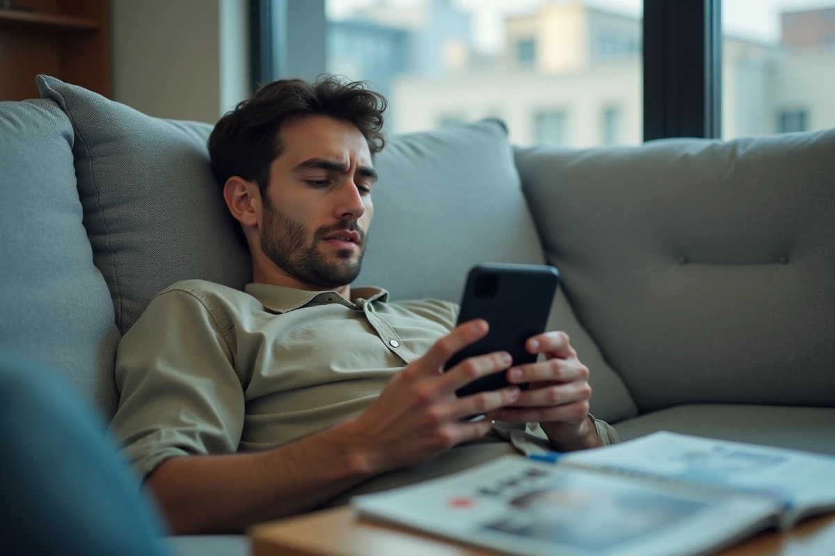 Homme allongé sur un canapé tenant un smartphone affichant une page d'erreur du site Crunshy scan indisponible