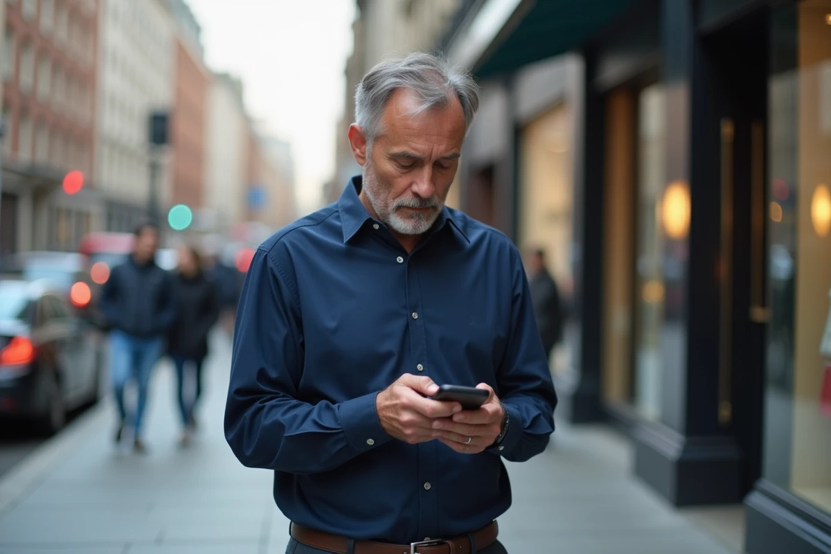 Homme consultant son smartphone en ville pour vérifier un numéro avec l'indicatif téléphonique 30