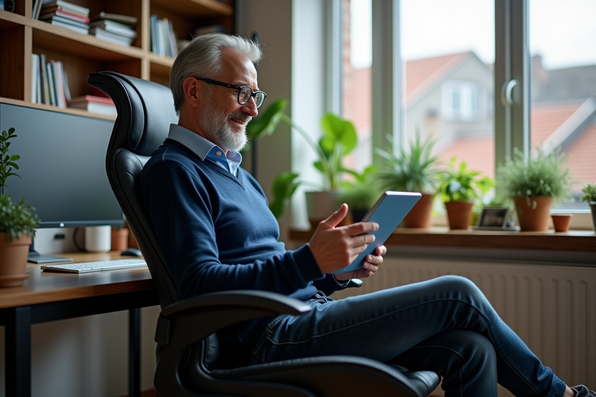 Homme détendu utilisant une tablette dans son bureau à domicile