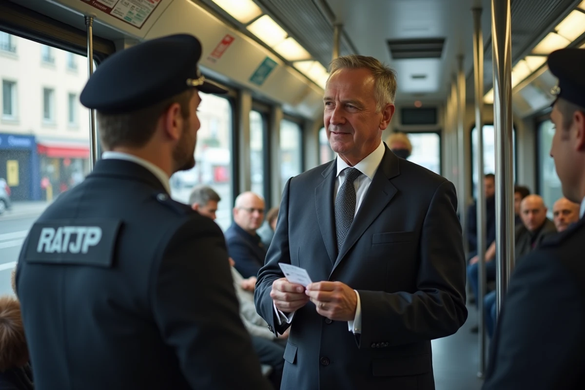 Homme d affaires discutant avec des inspecteurs dans un tram parisien