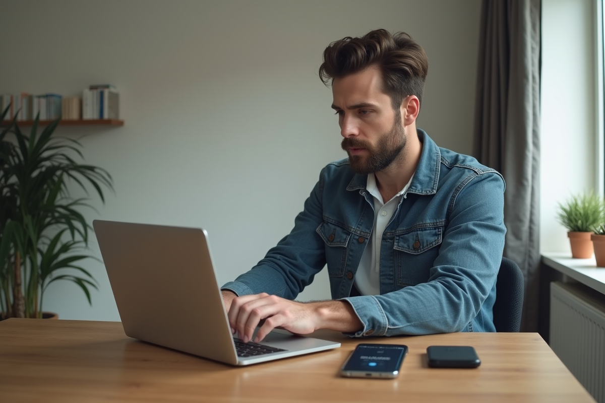 Homme en bureau utilisant un ordinateur pour la cryptomonnaie