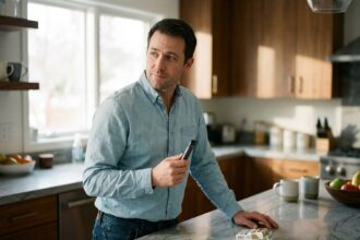 Homme en jean et chemise bleue avec vape dans une cuisine moderne