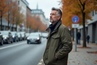 Homme d'âge moyen dans la ville contemplant la rue