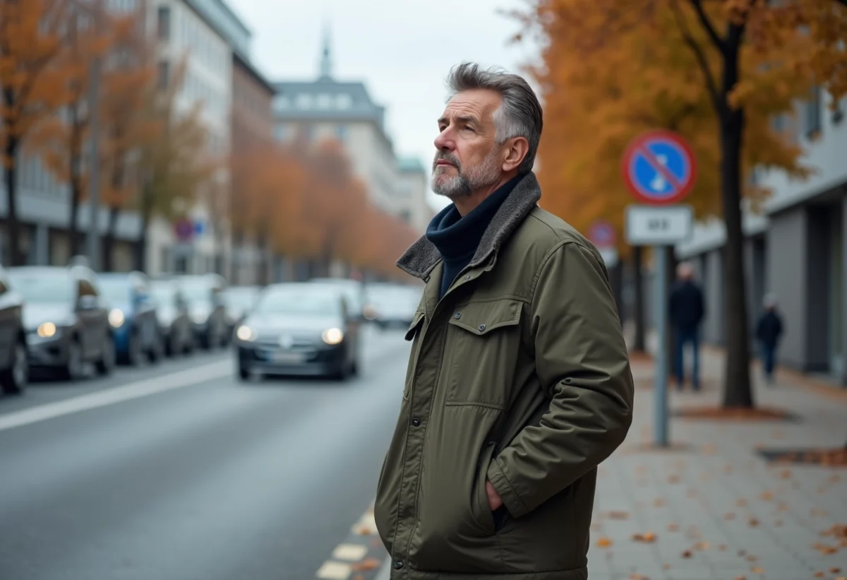 Homme d'âge moyen dans la ville contemplant la rue