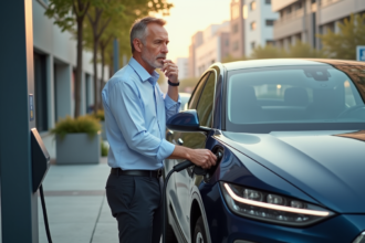Homme d'âge moyen à côté d'une voiture électrique en charge
