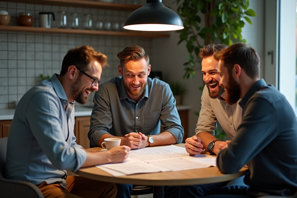 Trois hommes autour d'une table en cuisine résolvant ensemble des énigmes de logique difficiles pendant une soirée entre amis animée