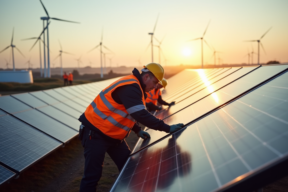 Travailleurs installant des panneaux solaires avec éoliennes en arrière-plan