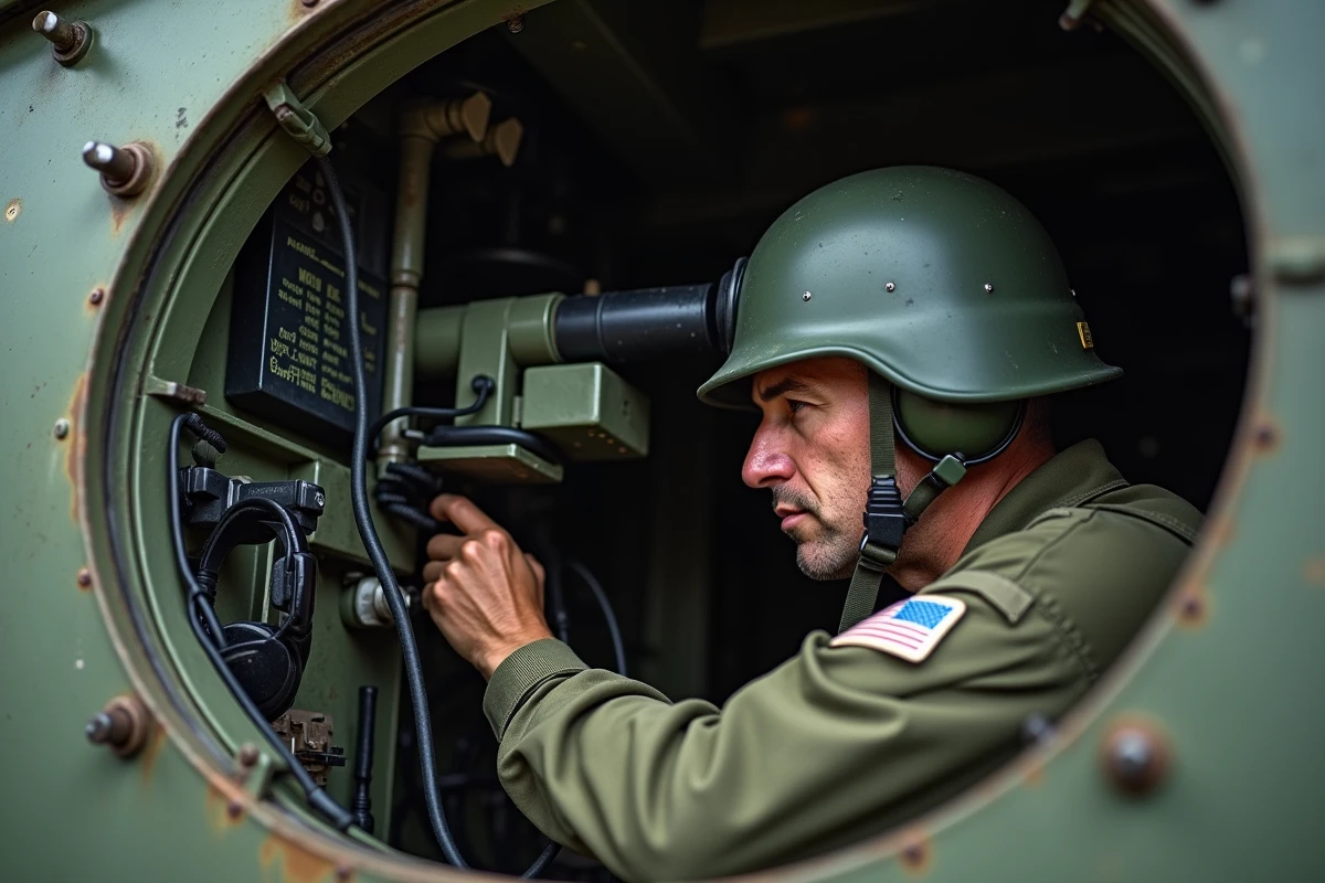 Intérieur du poste de commandement d'un char M1A1 Abrams avec un tankiste en uniforme casqué devant les instruments de visée