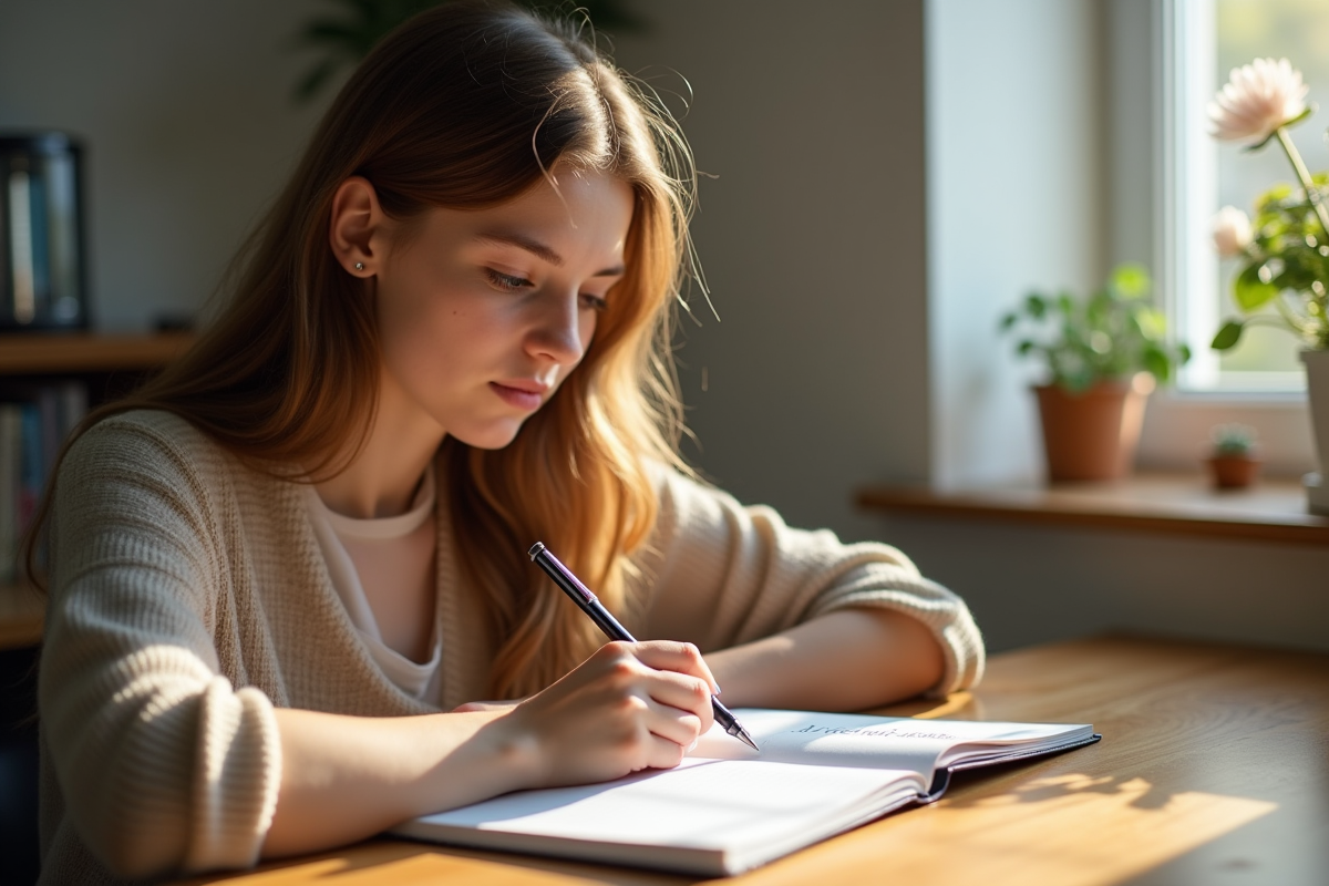Jeune femme écrivant des notes sur un carnet lumineux