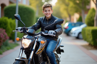Jeune garçon souriant avec moto neuve de 50cc