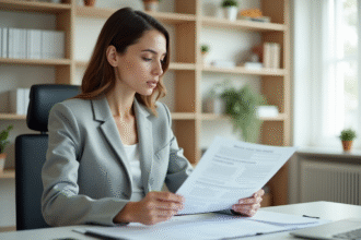 Jeune femme en bureau moderne arrangeant des documents