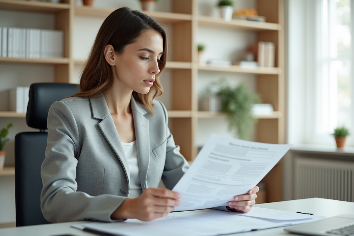 Jeune femme en bureau moderne arrangeant des documents