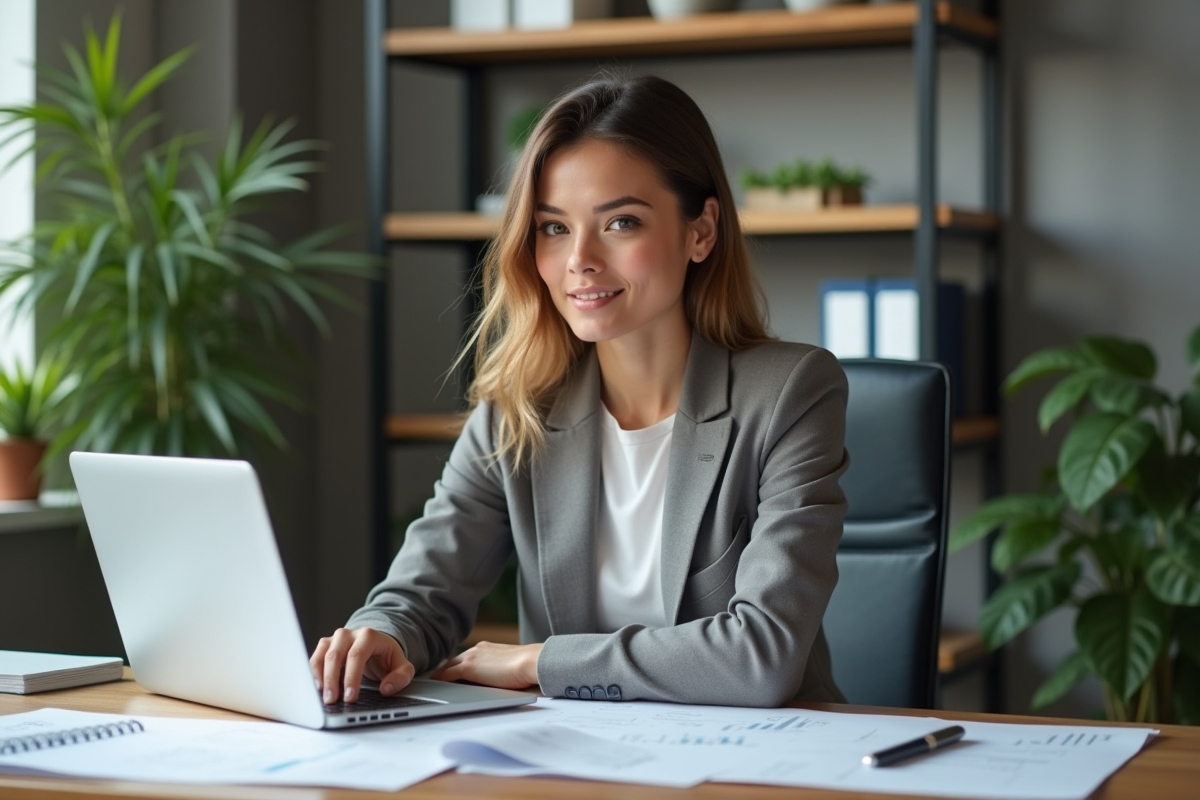Jeune femme gestionnaire au bureau avec rapports énergie