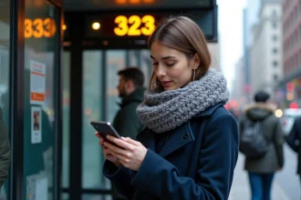 Jeune femme regardant son smartphone à un arrêt de bus urbain
