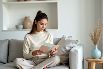Jeune femme moderne compare des échantillons de couleurs dans son salon
