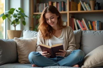 Jeune femme lisant un roman d'amour dans un salon moderne