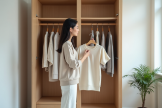 Jeune femme choisissant un vêtement dans un placard minimaliste