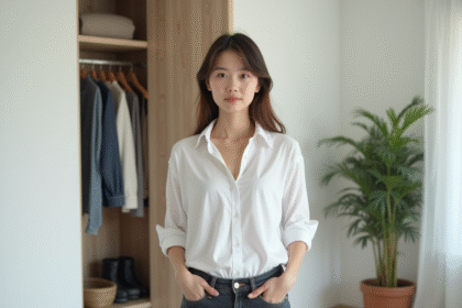 Jeune femme devant un vestiaire minimaliste et organisé