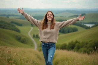 Jeune femme souriante sur une colline verte en plein air