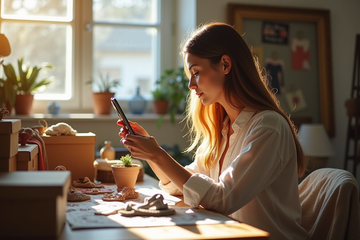 Jeune femme prenant en photo des vêtements de seconde main