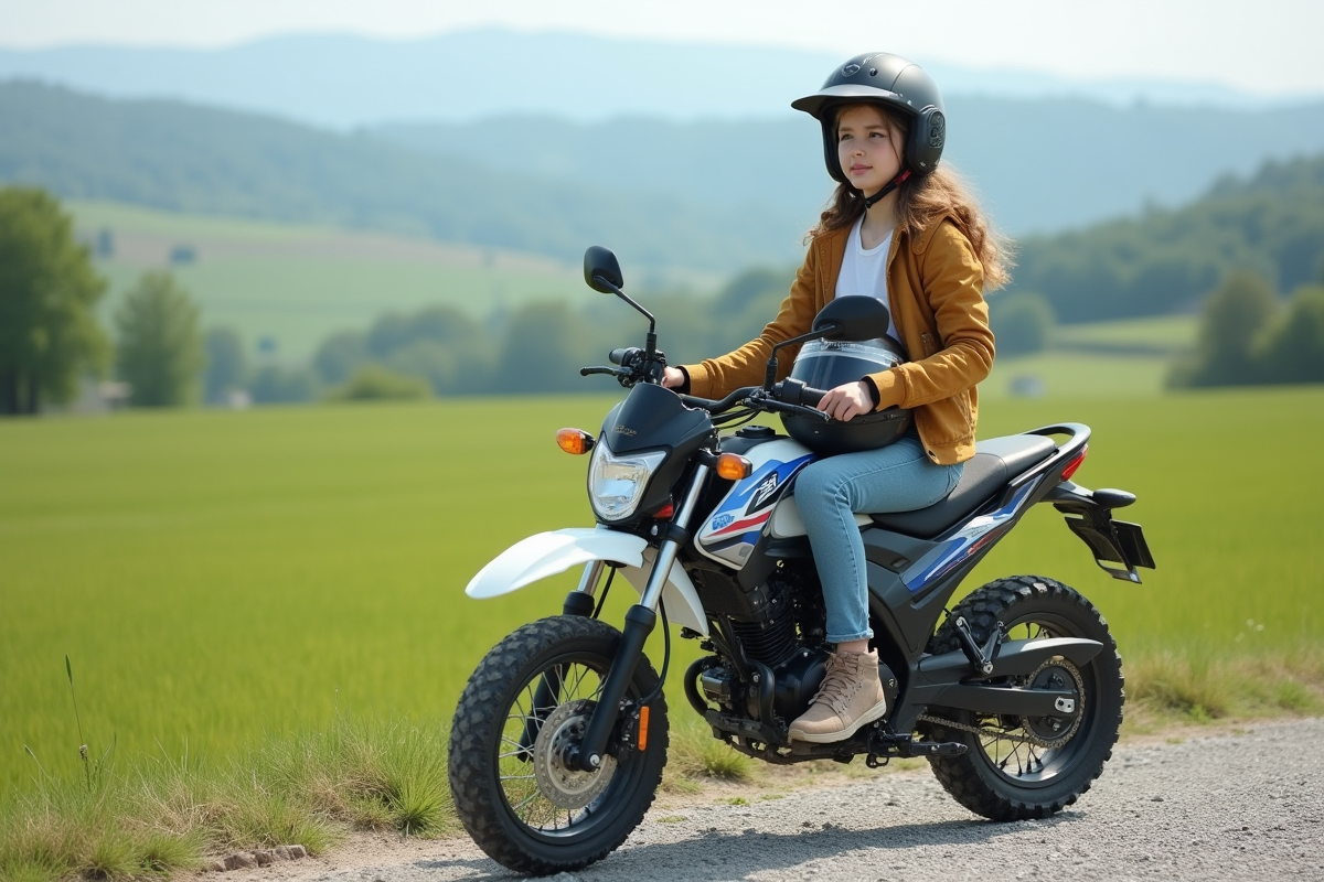 Jeune fille à moto dans un paysage rural verdoyant