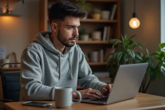 Jeune homme concentré sur son ordinateur dans un bureau à domicile