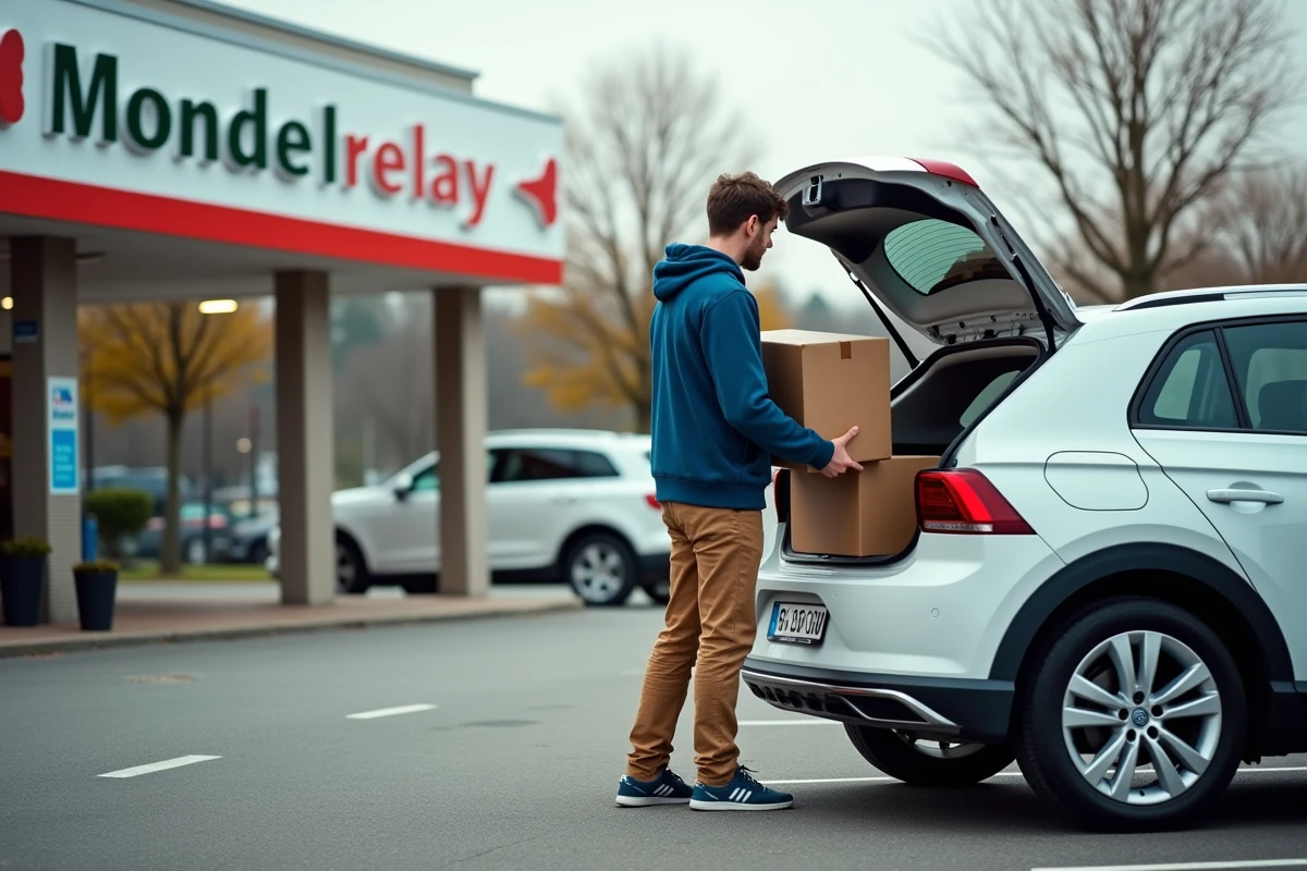 Jeune homme chargeant un colis dans une voiture