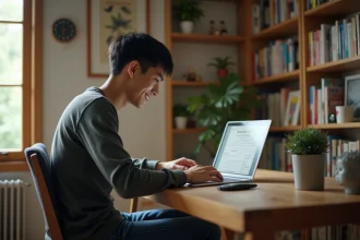 Jeune homme souriant à son bureau avec manga en fond