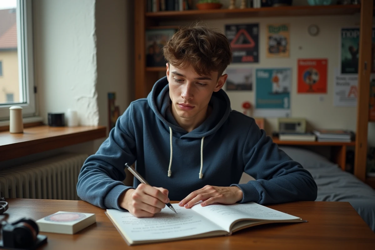 Jeune homme concentré lisant des paroles de chanson dans sa chambre