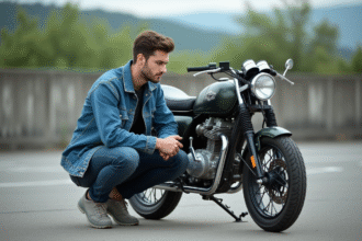 Jeune homme inspectant une moto 125cc dans un parking