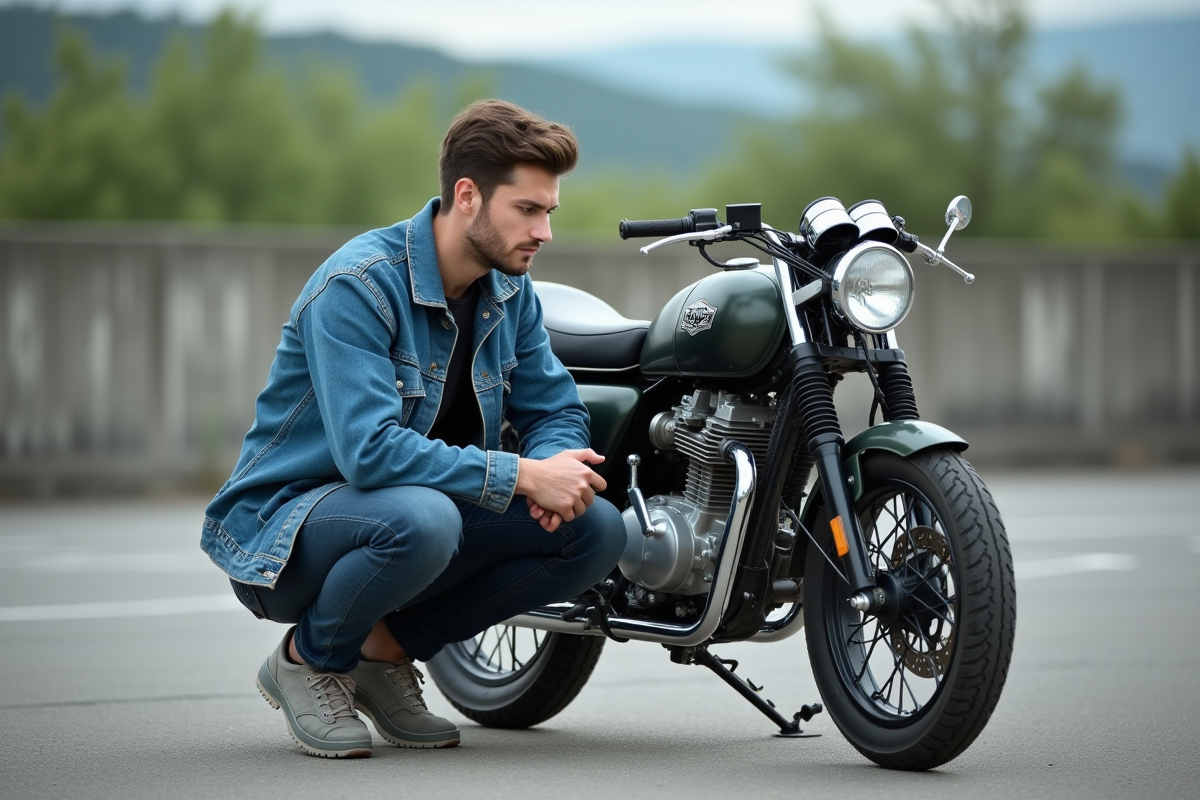 Jeune homme inspectant une moto 125cc dans un parking