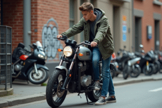 Jeune homme curieux devant une moto urbaine moderne