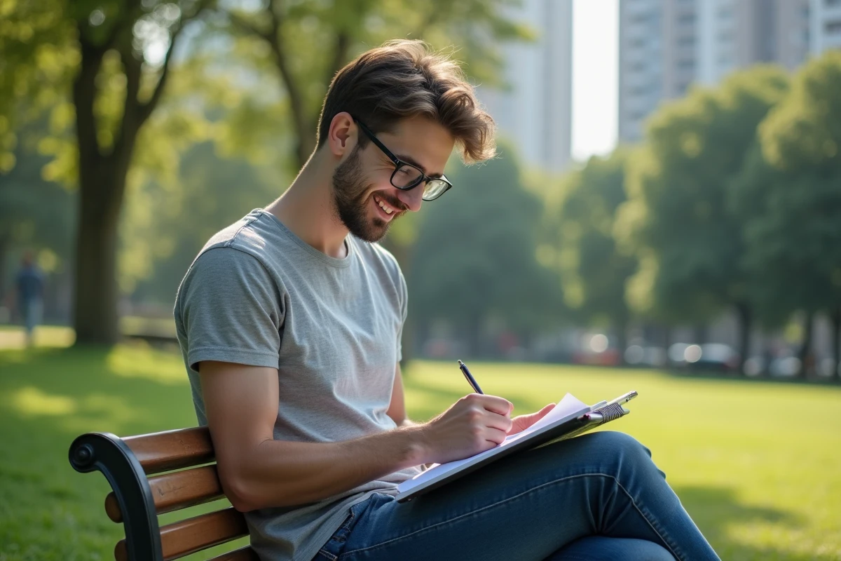 Jeune homme résolvant un puzzle dans un parc urbain