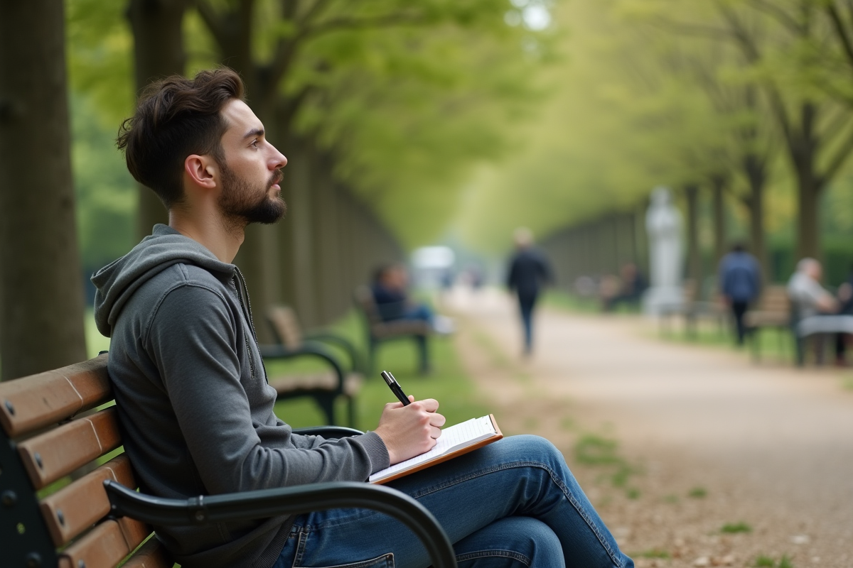 Jeune homme français pensif sur un banc dans un parc
