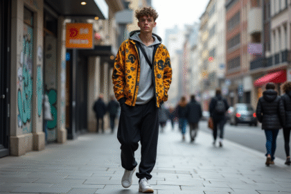 Jeune homme en streetwear dans une rue urbaine dynamique