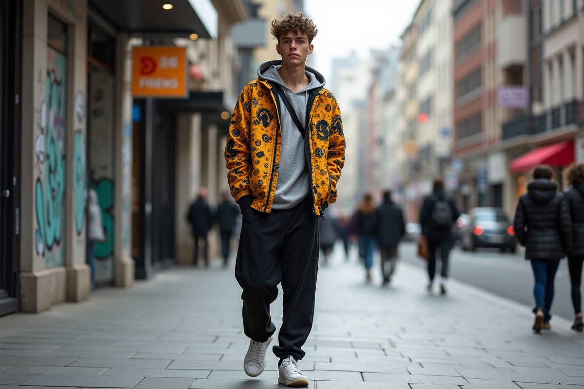 Jeune homme en streetwear dans une rue urbaine dynamique