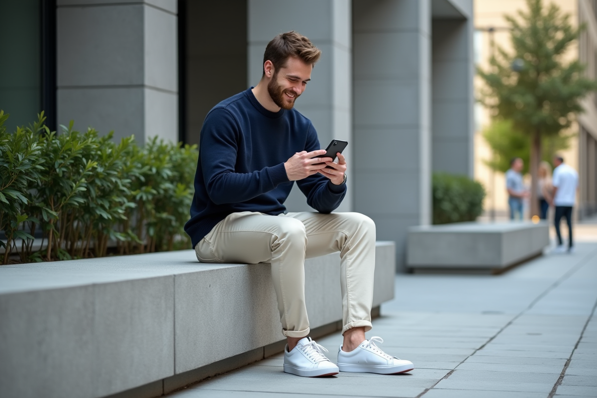 Jeune homme souriant sur un banc en ville moderne