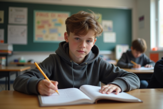 Jeune garçon en hoodie réfléchissant à ses notes de maths