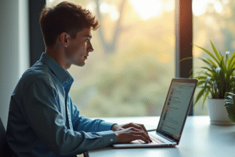 Jeune professionnel au bureau utilisant un laptop lumineux